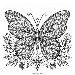 Grand Butterfly Coloring Page Mandala With Flowers And Leaves