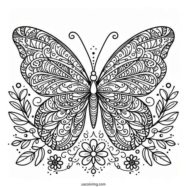 Grand Butterfly Coloring Page Mandala With Flowers And Leaves