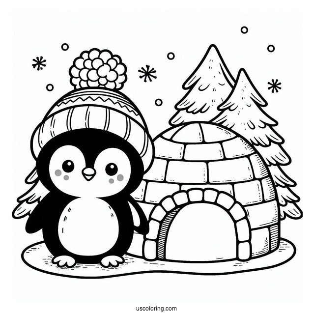 Cute Penguin With Igloo Coloring Sheet