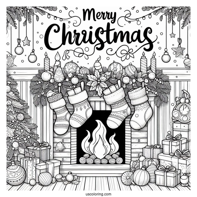 Christmas Coloring Pages For Adults Of Merry Christmas Words On Top Of Fireplace With Stockings