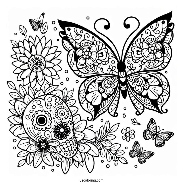 Butterfly Flying To A Sugar Skulls Coloring Page With Flowers