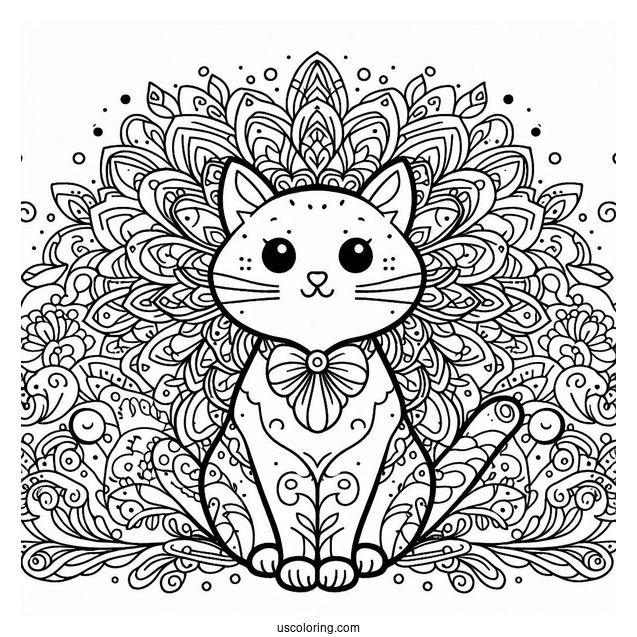 Cat-Shaped Floral Mandala Coloring Page