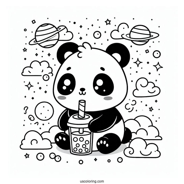Easy Baby Panda Coloring Page Sipping Boba Tea For Preschoolers