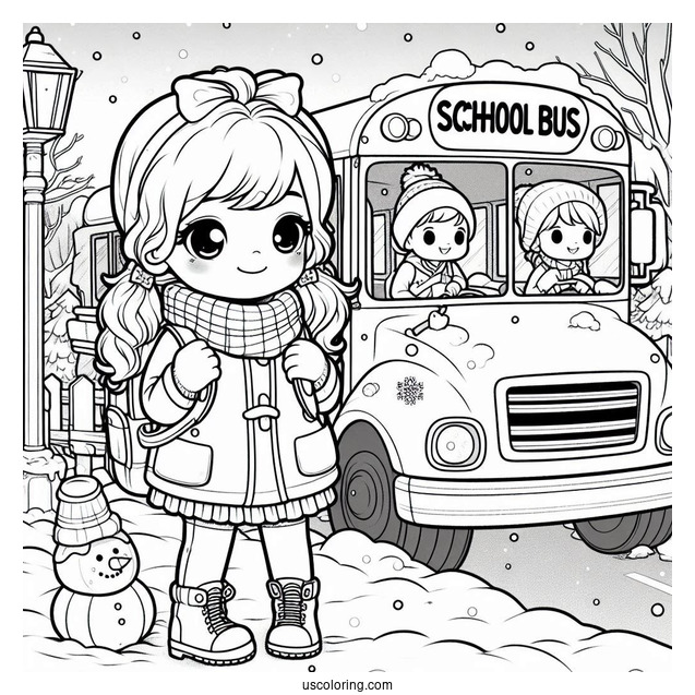 Cute Children Waiting For School Bus Coloring Page In The Snow