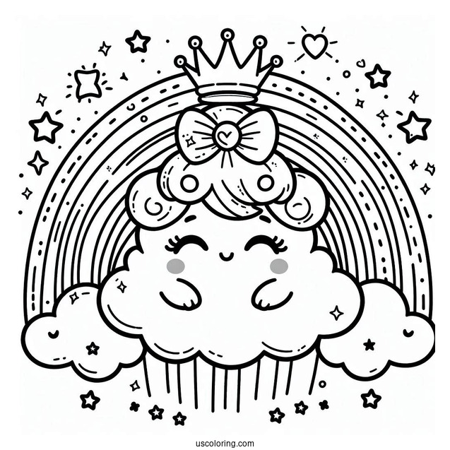 Happy Cloud Princess With Crown Coloring Page Under Rainbow and Stars