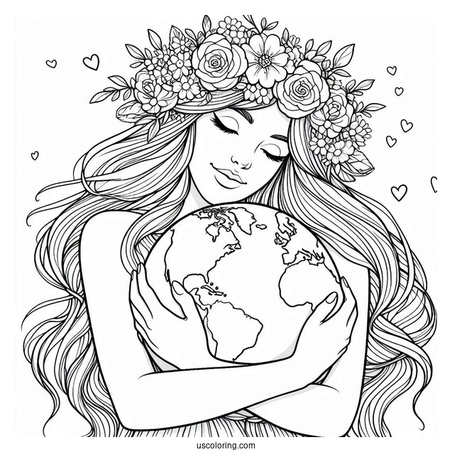 Woman With Flower Crown Hugging Earth Coloring Sheet