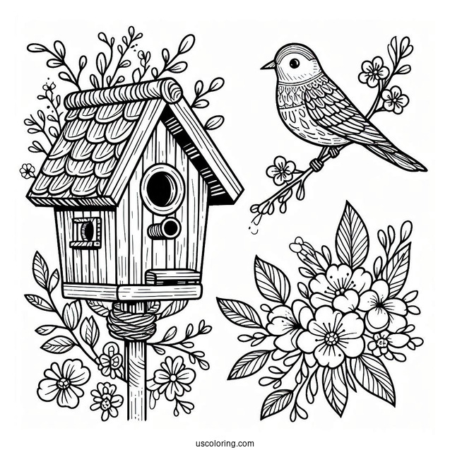 Spring Coloring Page Of Bird House With Flowers And Bird