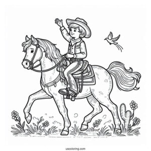 Young Cowboy Coloring Page Riding A Horse For Kids