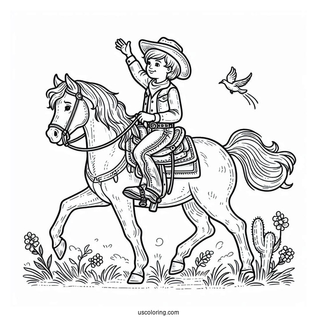 Young Cowboy Coloring Page Riding A Horse For Kids