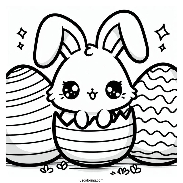 Kawaii Bunny Coming Out Of Striped Easter Egg Coloring Page For Kids