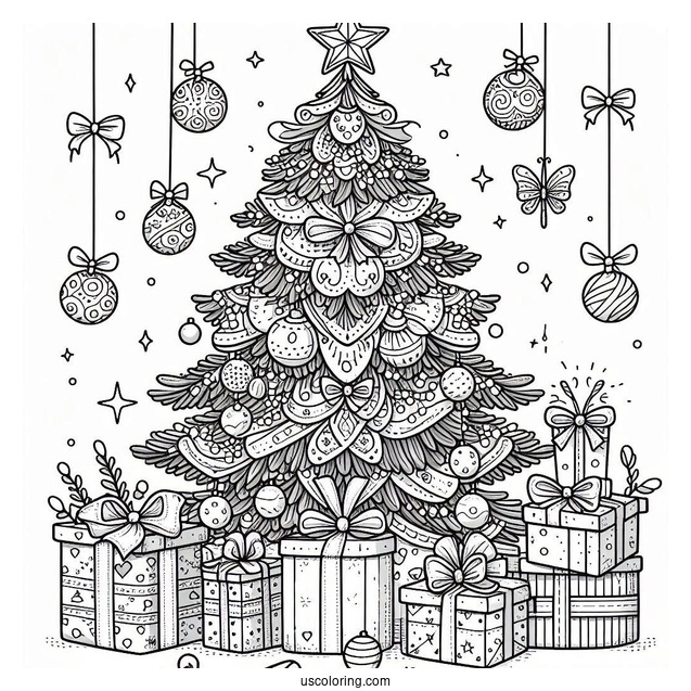 Christmas Tree With Presents And Ornaments To Color