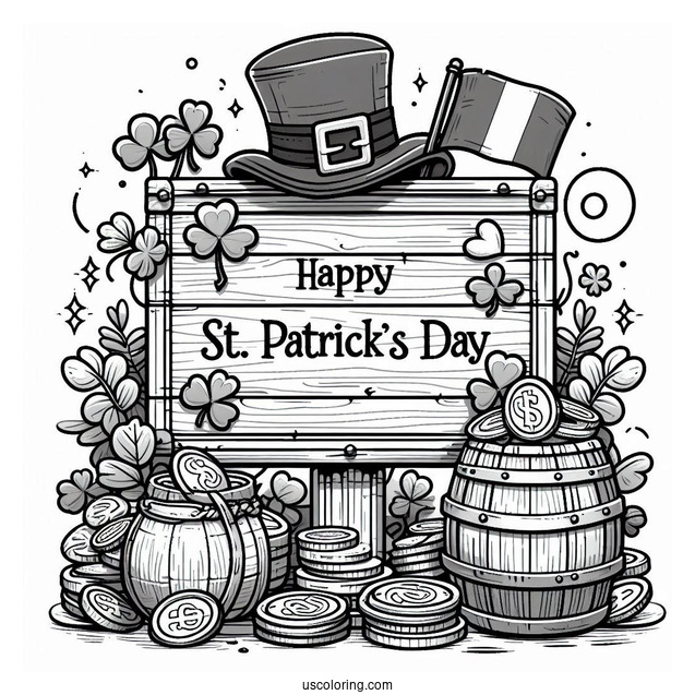 St. Patrick's Day Coloring Page Of St Patrick s Day Wooden Sign With Leprechaun Hat, Shamrocks, Irish Flag, And Gold Coins