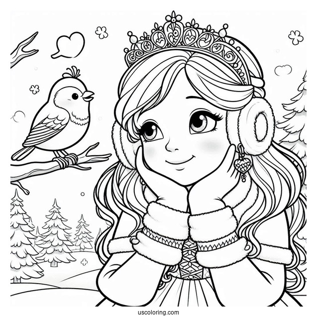 Princess Coloring Page Of Listening To A Bird In Winter
