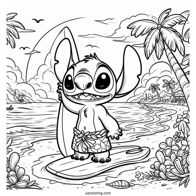 Lilo & Stitch Coloring Page Of David At The Beach With His Surfboard
