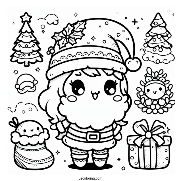 Kawaii Themed Santa Merry Christmas Coloring Picture