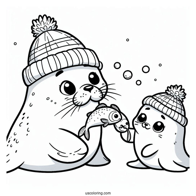 Cartoon Eskimo Feeding Fish To A Seal Coloring Page