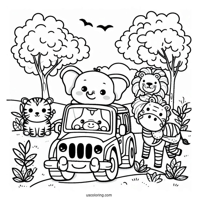 Jungle Coloring Page Of Kawaii Elephant, Lion, Zebra, Hippo, And Giraffe In Jeep For Preschoolers