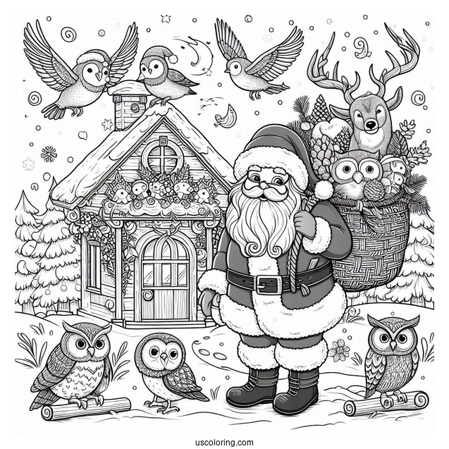 Christmas Coloring Pages For Adults Of Santa Claus Outdoors With Owls, Deer, Birds, And Squirrels
