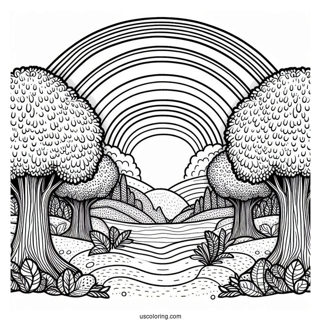Rainbow Coloring Page Between Two Large Trees