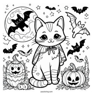 Cats With Bats Halloween Coloring Pages