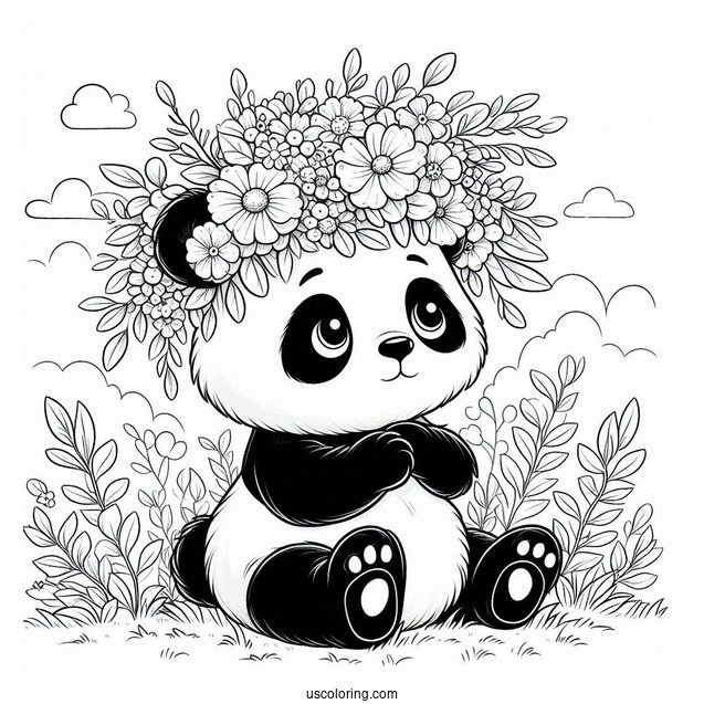 Cute Panda Coloring Page Sitting with Giant Floral Crown in a Meadow