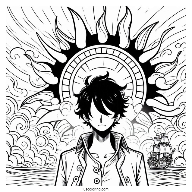 One Piece Coloring Page Of Portgas D. Ace In Front Of Sun