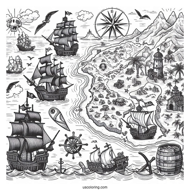 Realistic Pirate Coloring Page Map