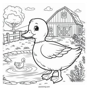 Duck Going To Pond On Farm To Color