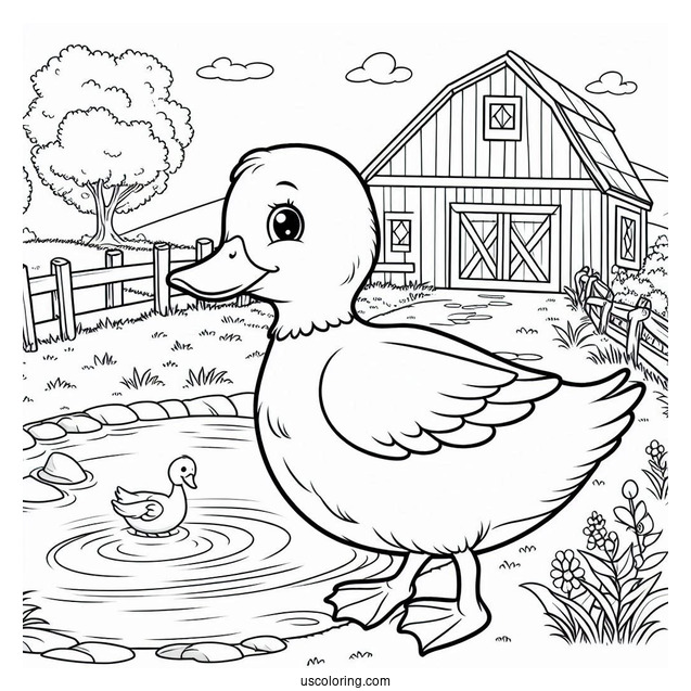 Duck Going To Pond On Farm To Color