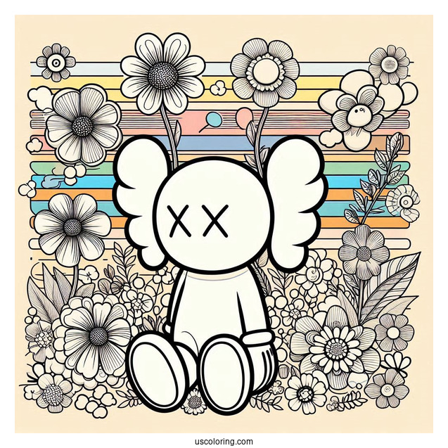 KAWS Coloring Page Companion With Retro Hippie Flower Background