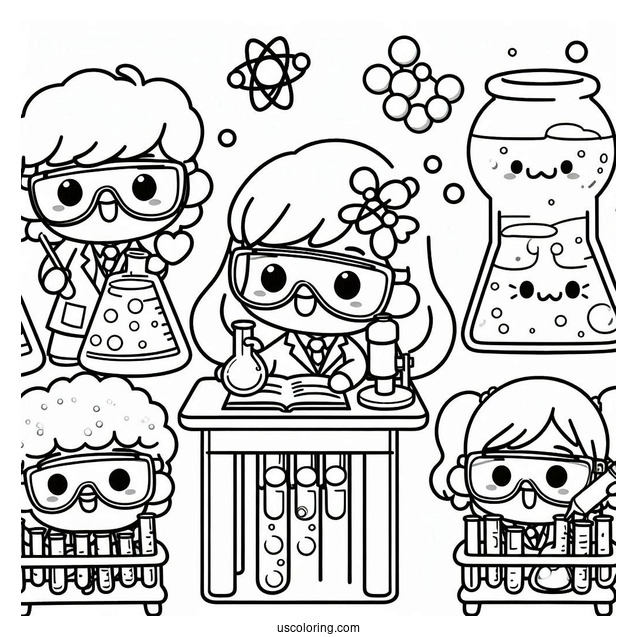 Science Coloring Page Of Kawaii Scientists Performing Lab Experiments For Kids