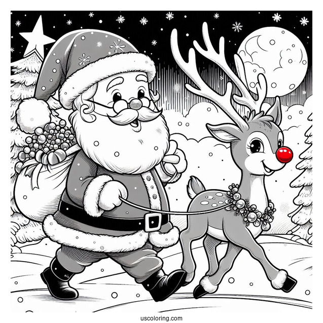 Rudolph Leading Santa With His Red Nose To Color