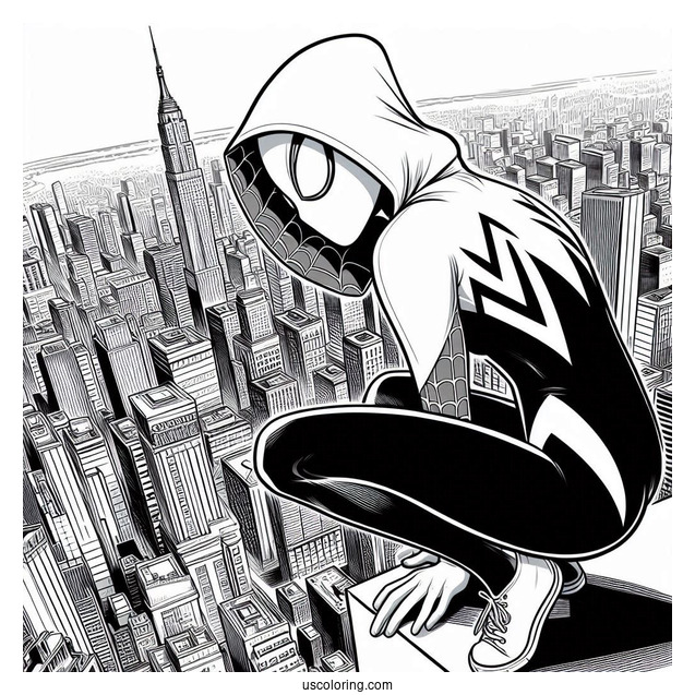 Spider-Gwen Coloring Page Looking Down From The Top Of A Building