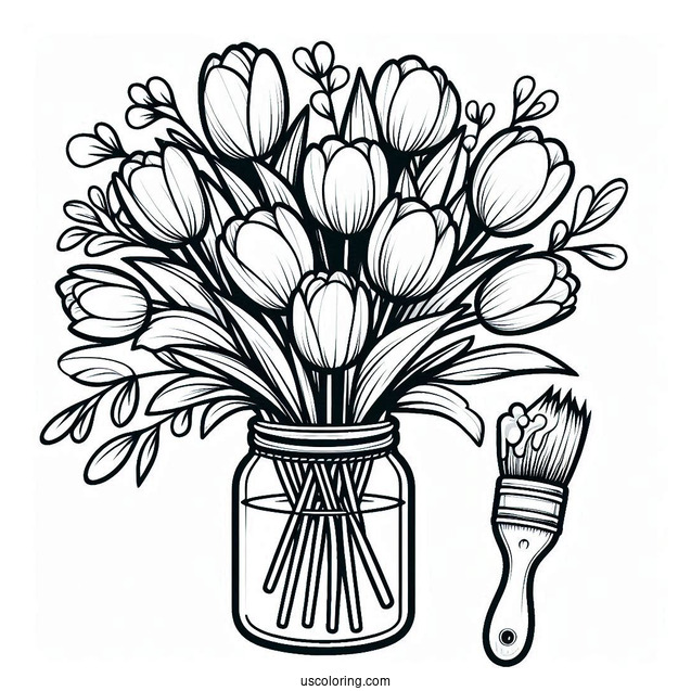 Flower Coloring Pages Of Tulips Bouquet On Paint Brush Handle Vase