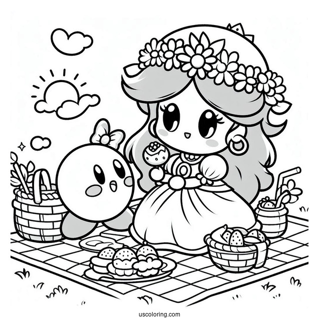Cute Princess Daisy Coloring Page Having Picnic With Kirby