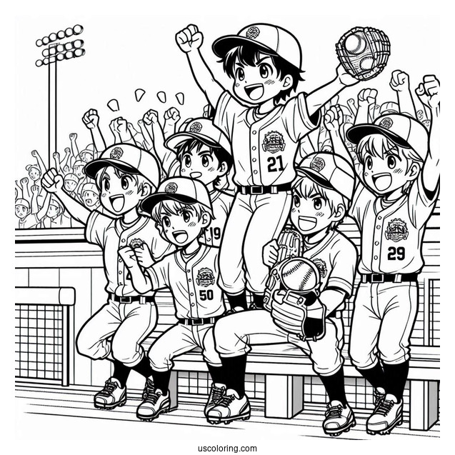 Easy Baseball Coloring Page Of Team Celebrating in Dugout For Kids