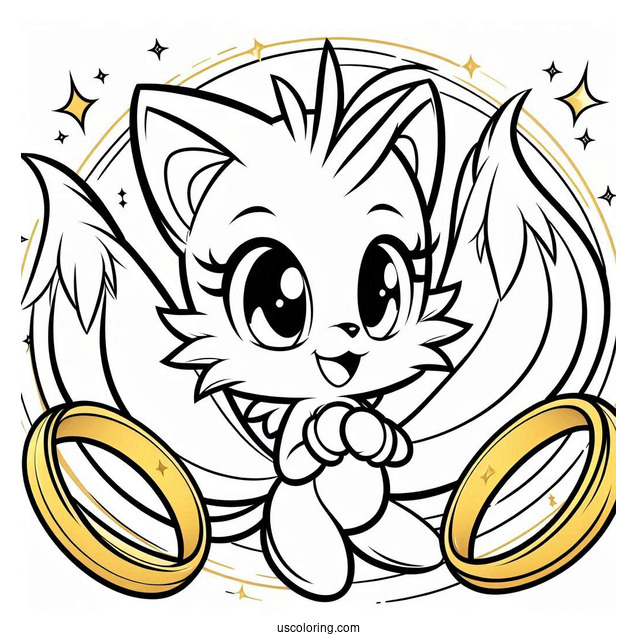 Smiling Tails Coloring Page Surrounded By Gold Rings