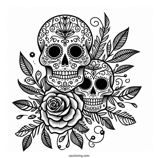Sugar Skulls Coloring Page With Laurel Leaves And Roses