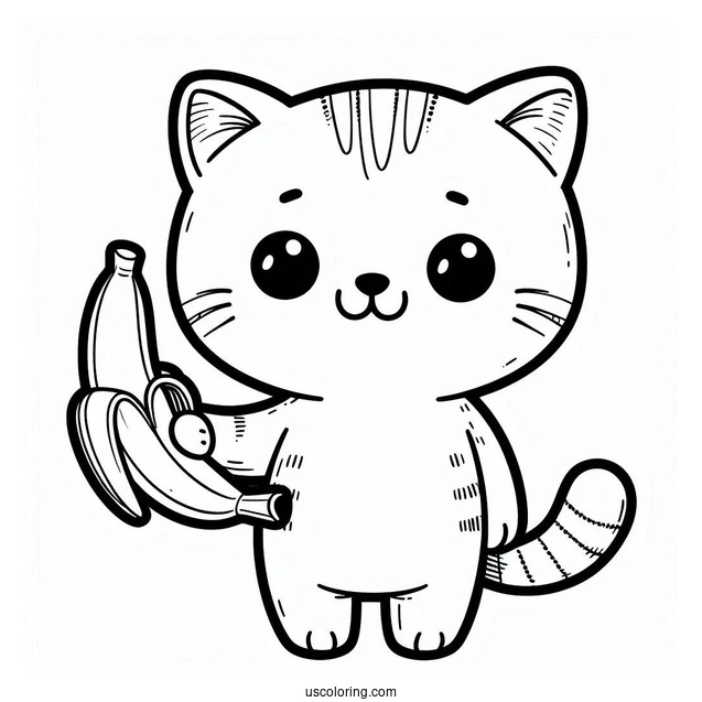 Tabby Cat Holding Up A Banana Coloring Page For Kids
