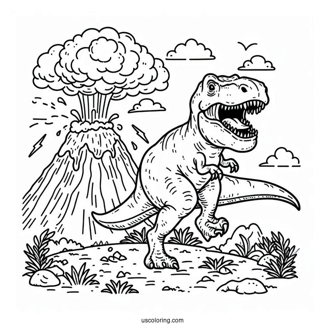 T-Rex Dinosaur Running From Volcano