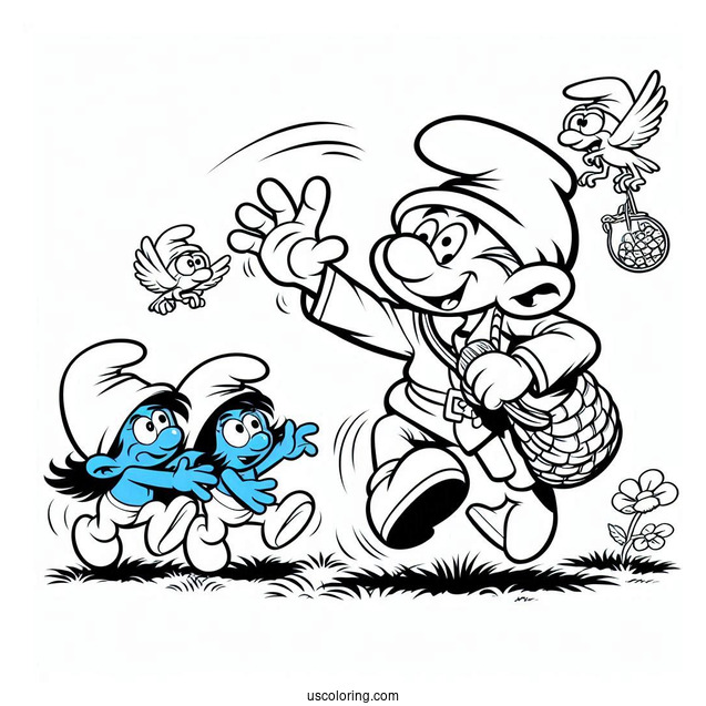 Coloring Page Of Gargamel Trying To Catch Smurfs