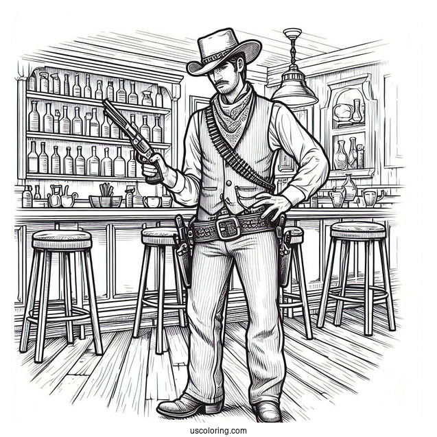 Realistic Cowboy Coloring Page With Gun In Saloon