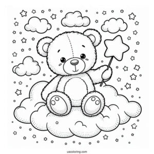 Cute Coloring Page Teddy Bear Holding A Star In The Clouds