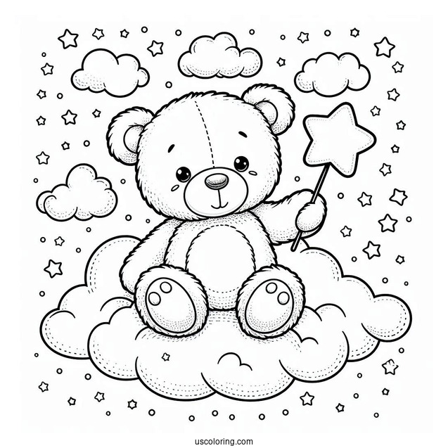 Cute Coloring Page Teddy Bear Holding A Star In The Clouds