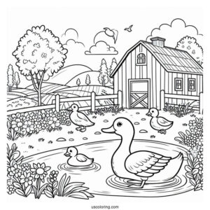 Duck Going To Pond On Farm To Color