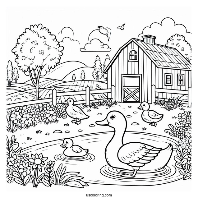 Duck Going To Pond On Farm To Color