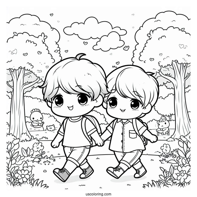 Cute Coloring Page Chibi Boys Walking In The Park For Kids