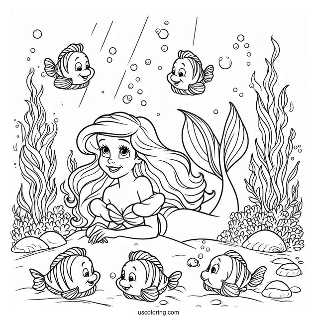 Coloring Page Of Ariel Under The Sea With Flounders