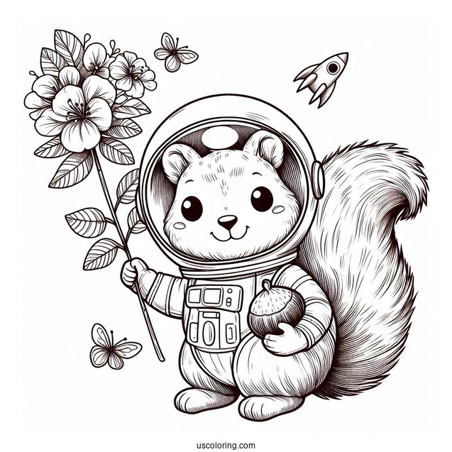 Cute Astronaut Squirrel Coloring Page With Flower And Chestnut