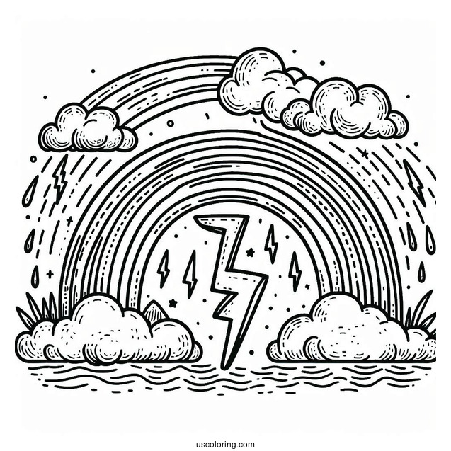 Rainbow With Storm Clouds And Lightening To Color